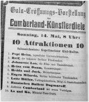 Vorstellungsankündigung der Cumberland-Künstlerdiele am 09.05.1922 im Pyrmonter Anzeiger