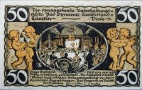 Notgeld/Gutschein der Bad Pyrmonter „Cumberland Künstlerdiele“, die 1920 in der Schillerstraße 3 eröffnet wurde und eine Mischung aus Tanzlokal, Varieté und Theater war - eine sogenannte Großunterhaltungsstätte erster Güte, die das äußerst vielseitige Unterhaltungsprogramm im Kurbad Pyrmont ergänzte.[2]